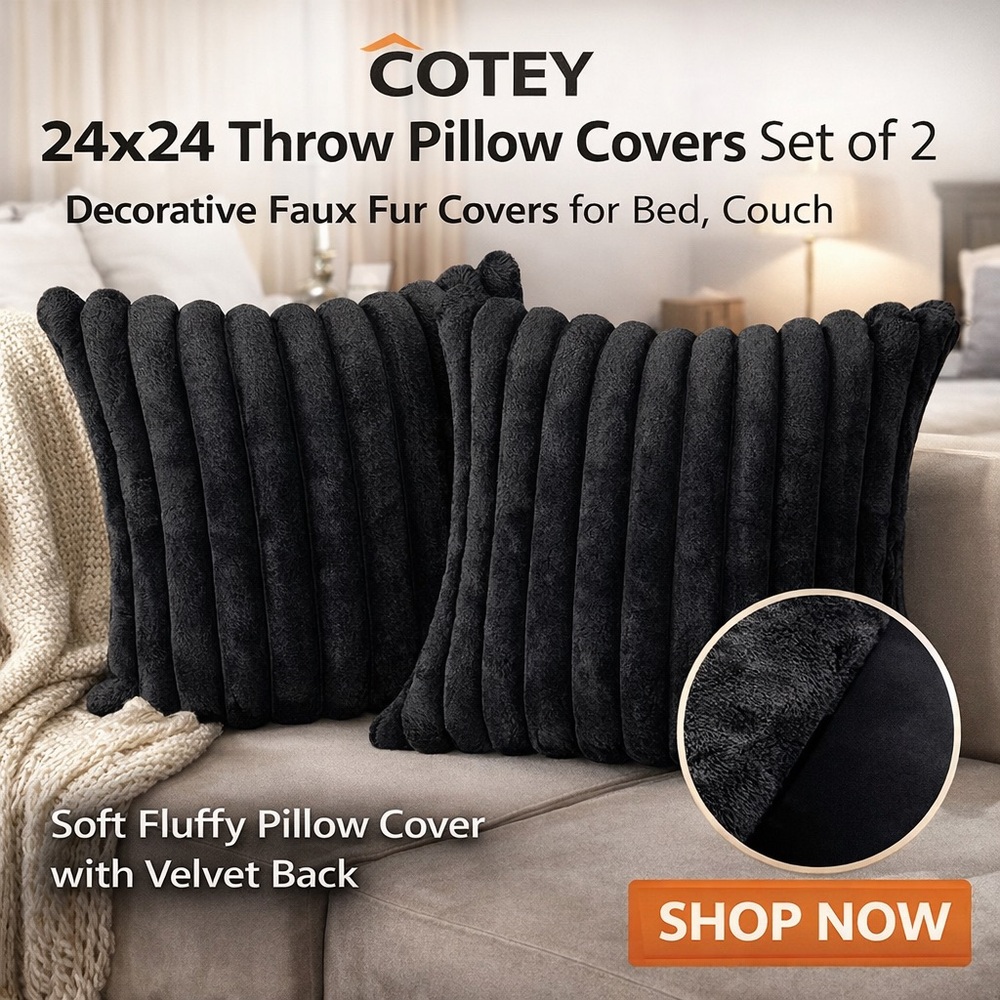 Faux Fur Pillow Covers Set of 2 🖤🖤 Black